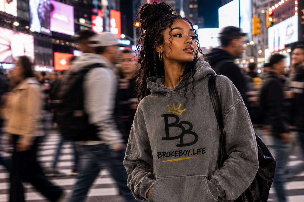 Confident young woman wearing Broke Boy streetwear representing ambition, confidence, and the hustle mindset.